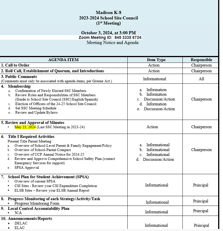  SSC Meeting - Thursday, October 3rd, Hybrid -Zoom/In-Person Options